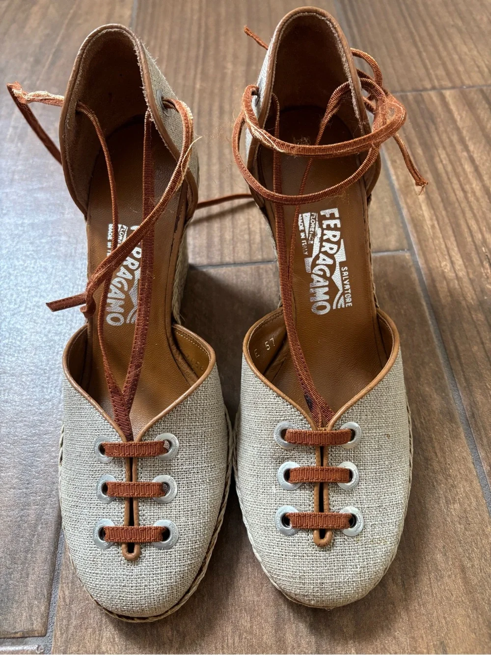 Salvatore Ferragamo Jute Fabric and Leather Espadrille Wedge Pumps Size 8